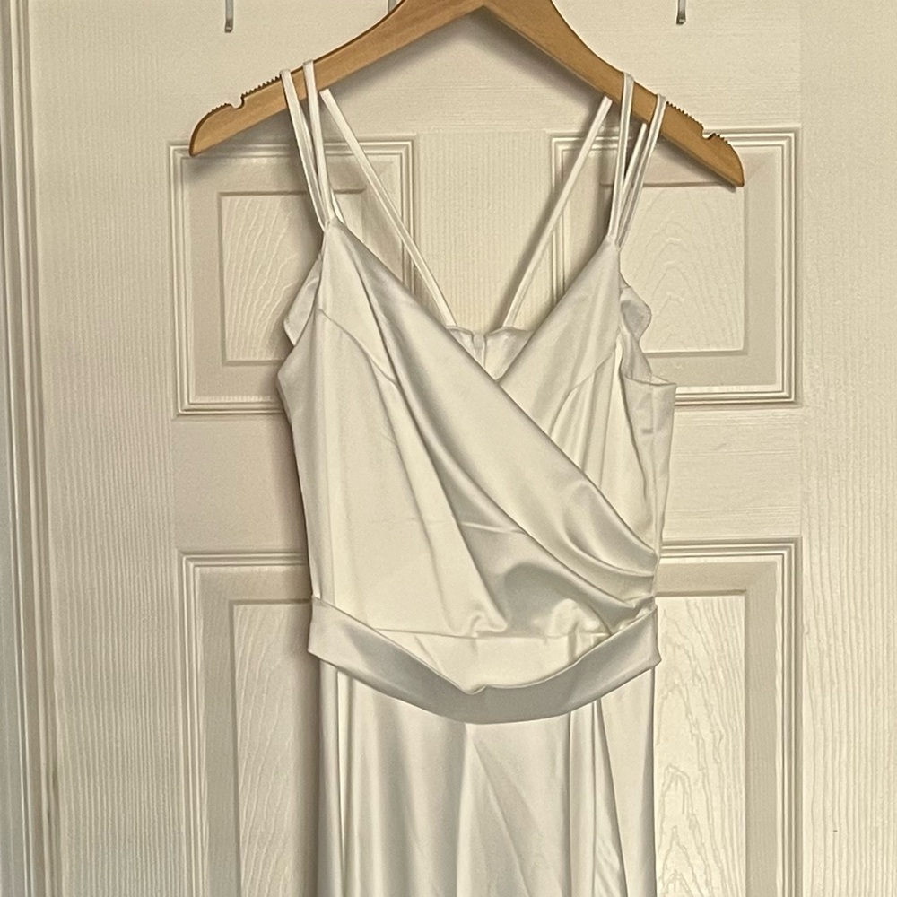 Elegant Satin White A-Line Side Slit Maxi Dress - Picture 6 of 12